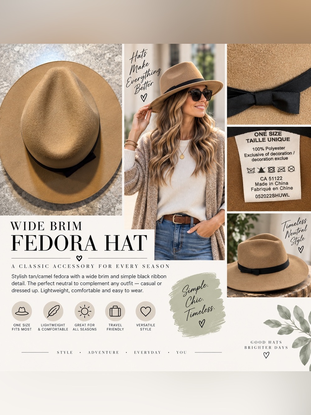 Wide Brim Fedora Hat - Camel with Black Ribbon